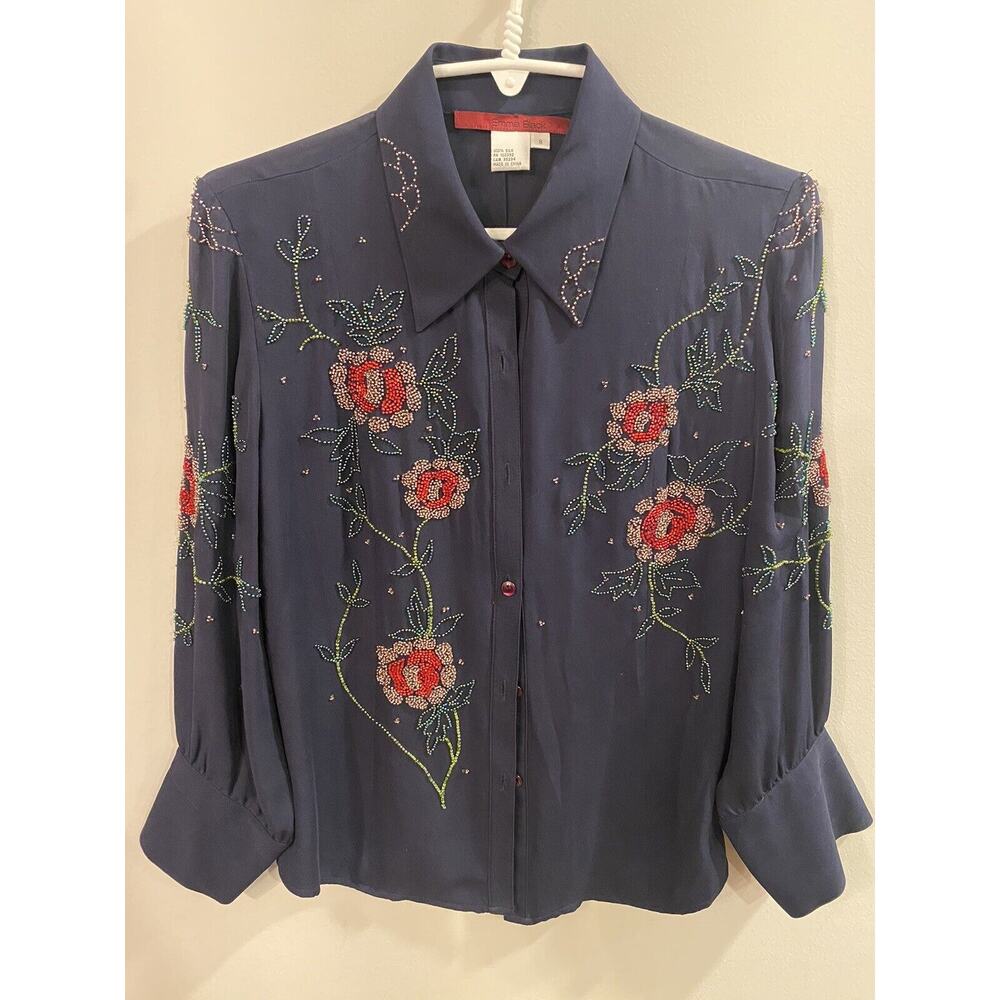 Emma Black Silk Rhinestone Button Top Shirt Couture Y2K Beaded Embellished Flora